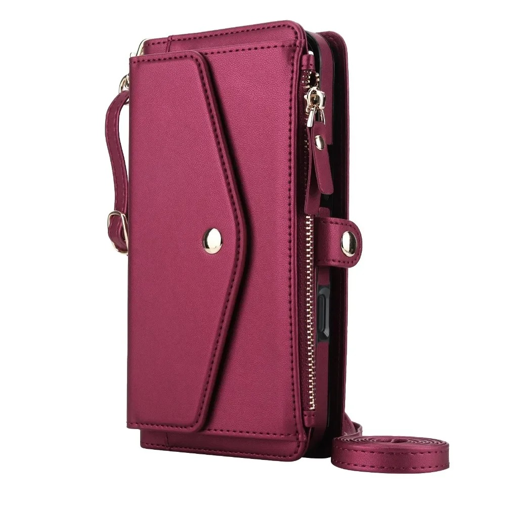 Luxury iPhone Case — Crossbody Detachable Magnetic Wallet Cover with Lanyard, Holder Feature and Anti-Fingerprint PU Leather Design