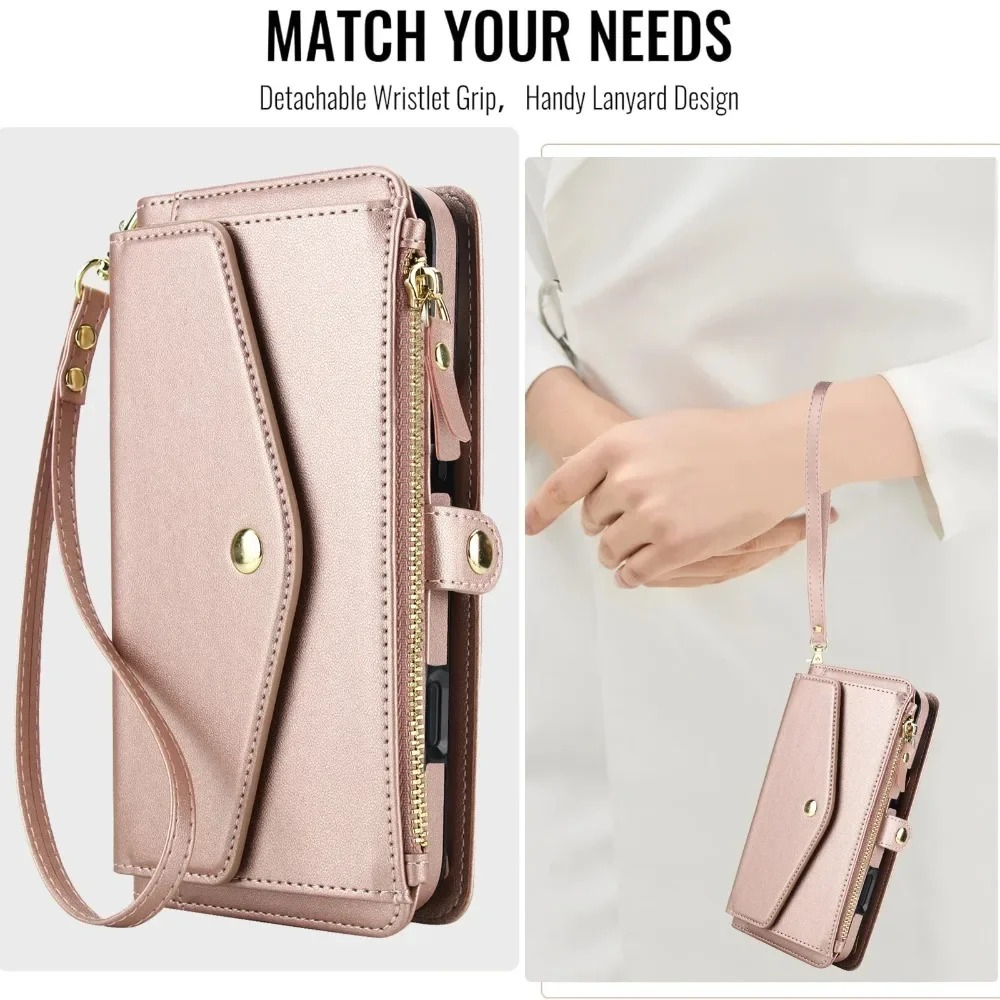 Luxury iPhone Case — Crossbody Detachable Magnetic Wallet Cover with Lanyard, Holder Feature and Anti-Fingerprint PU Leather Design