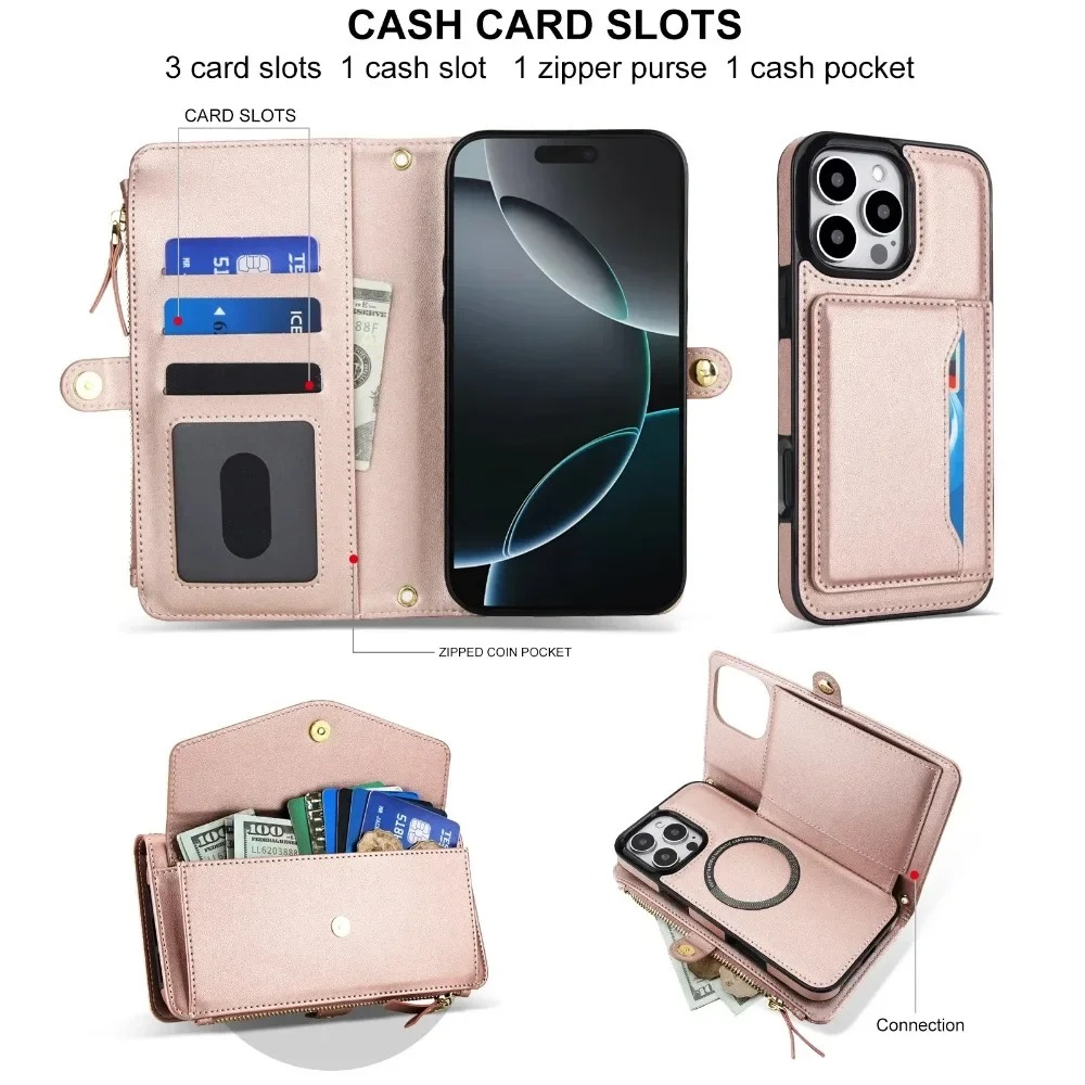 Luxury iPhone Case — Crossbody Detachable Magnetic Wallet Cover with Lanyard, Holder Feature and Anti-Fingerprint PU Leather Design