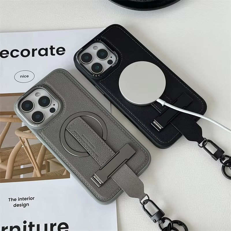 Luxury iPhone Case — Crossbody Leather Magnetic Cover with Wrist Strap Rope Holder, Shockproof Bracket Design and Anti-Fingerprint Protection