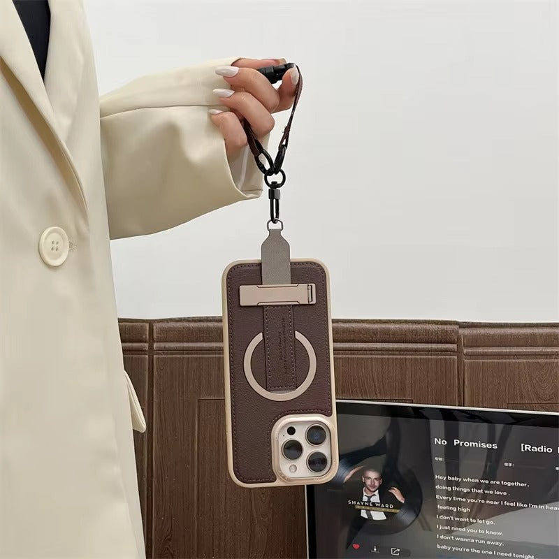 Luxury iPhone Case — Crossbody Leather Magnetic Cover with Wrist Strap Rope Holder, Shockproof Bracket Design and Anti-Fingerprint Protection
