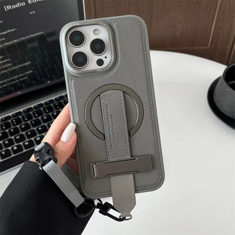 Luxury iPhone Case — Crossbody Leather Magnetic Cover with Wrist Strap Rope Holder, Shockproof Bracket Design and Anti-Fingerprint Protection