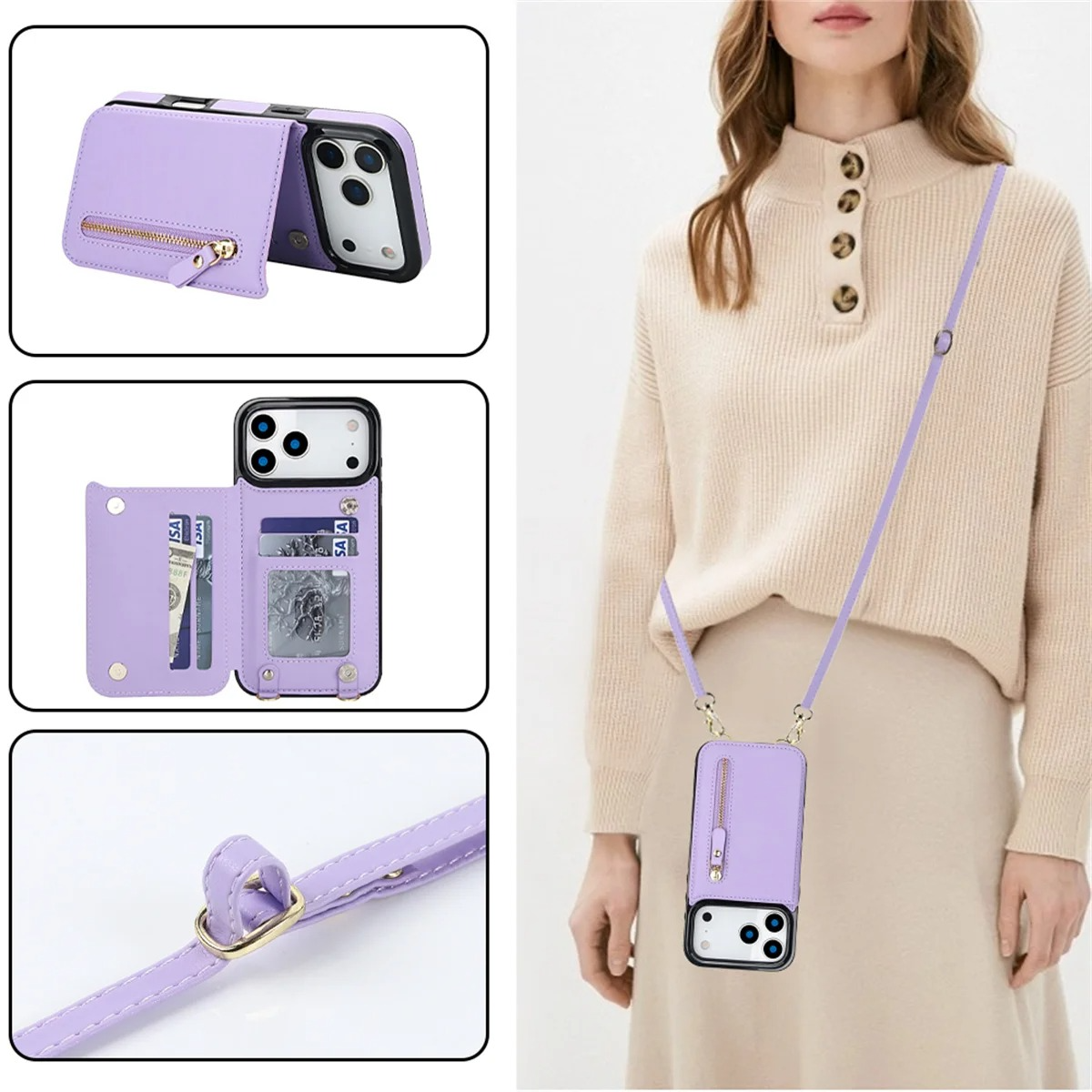 Luxury iPhone Case — Lanyard Strap and Shockproof, Crossbody Leather RFID Wallet Cover with Zipper Card Slot, Lanyard Strap and Shockproof Anti-Fingerprint Protection