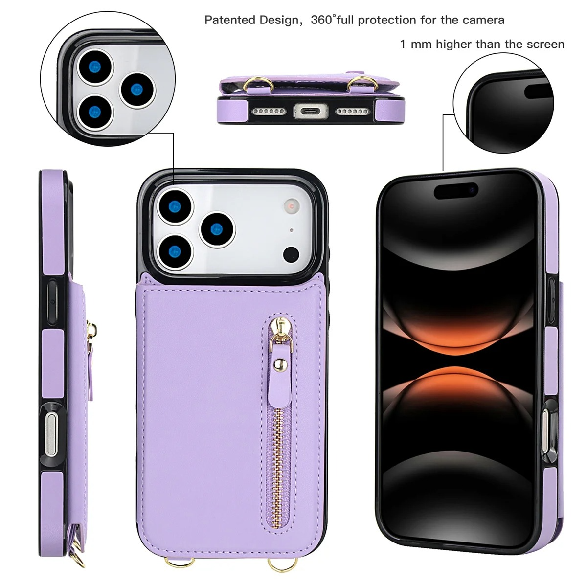 Luxury iPhone Case — Lanyard Strap and Shockproof, Crossbody Leather RFID Wallet Cover with Zipper Card Slot, Lanyard Strap and Shockproof Anti-Fingerprint Protection