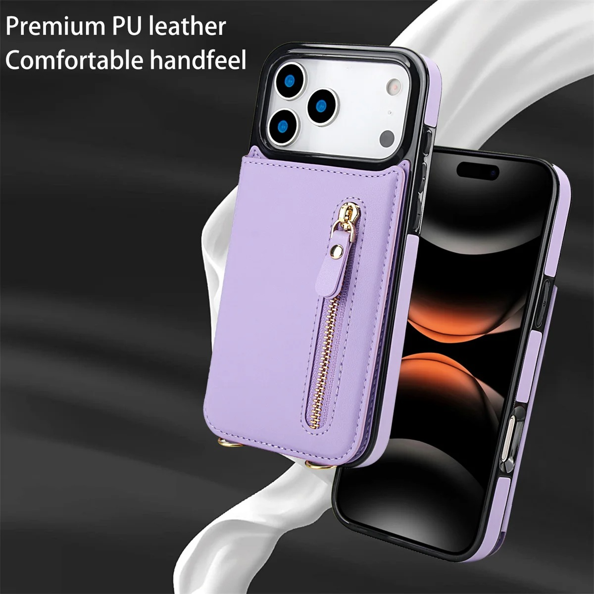 Luxury iPhone Case — Lanyard Strap and Shockproof, Crossbody Leather RFID Wallet Cover with Zipper Card Slot, Lanyard Strap and Shockproof Anti-Fingerprint Protection