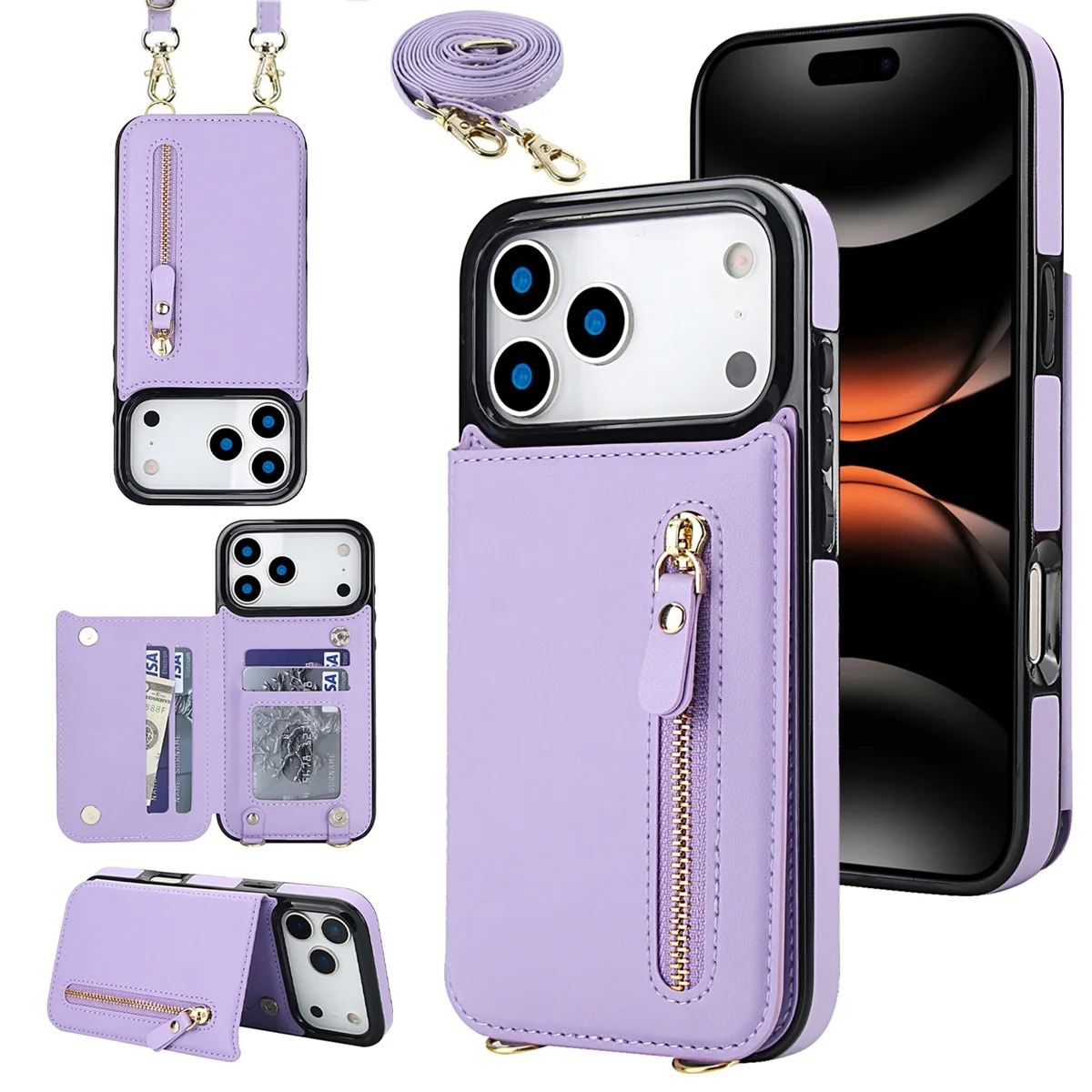 Luxury iPhone Case — Lanyard Strap and Shockproof, Crossbody Leather RFID Wallet Cover with Zipper Card Slot, Lanyard Strap and Shockproof Anti-Fingerprint Protection
