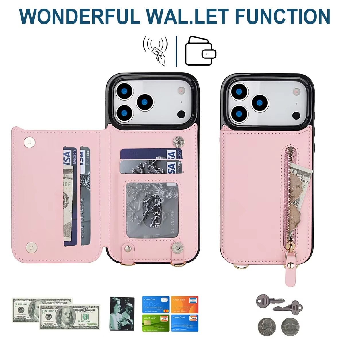 Luxury iPhone Case — Lanyard Strap and Shockproof, Crossbody Leather RFID Wallet Cover with Zipper Card Slot, Lanyard Strap and Shockproof Anti-Fingerprint Protection