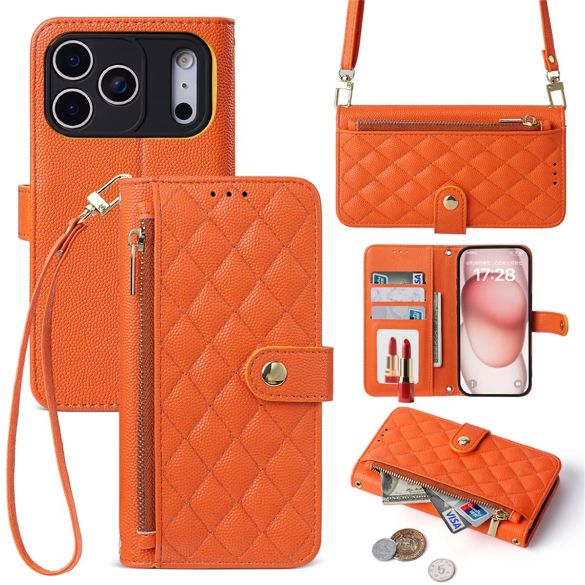 Luxury iPhone Case — Crossbody Leather Wallet Cover with Card Holder, Lanyard Strap, Anti-Scratch Non-Slip Design & Protective PU Build