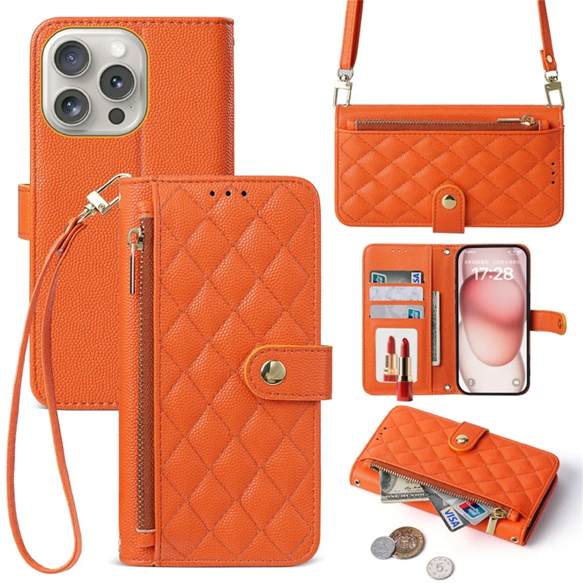 Luxury iPhone Case — Crossbody Leather Wallet Cover with Card Holder, Lanyard Strap, Anti-Scratch Non-Slip Design & Protective PU Build