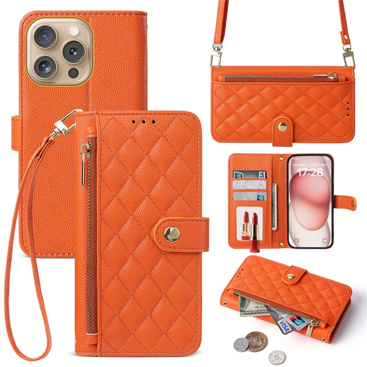 Luxury iPhone Case — Crossbody Leather Wallet Cover with Card Holder, Lanyard Strap, Anti-Scratch Non-Slip Design & Protective PU Build