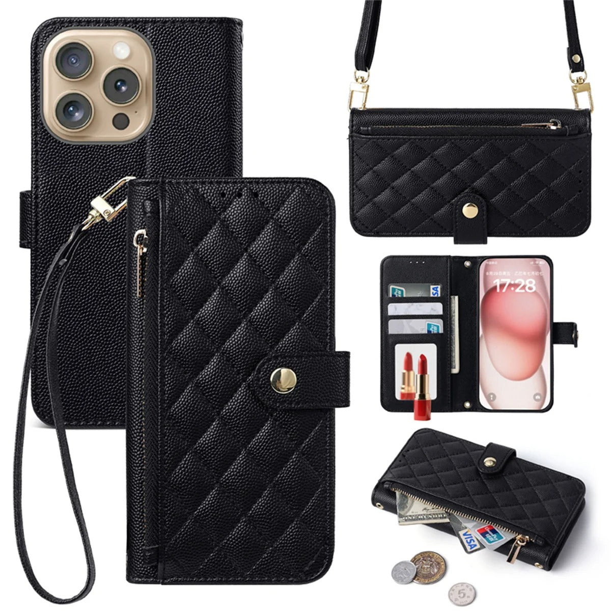 Luxury iPhone Case — Crossbody Leather Wallet Cover with Card Holder, Lanyard Strap, Anti-Scratch Non-Slip Design & Protective PU Build
