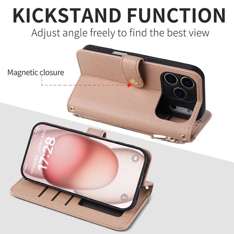 Luxury iPhone Case — Crossbody Leather Wallet Cover with Card Holder, Lanyard Strap, Anti-Scratch Non-Slip Design & Protective PU Build