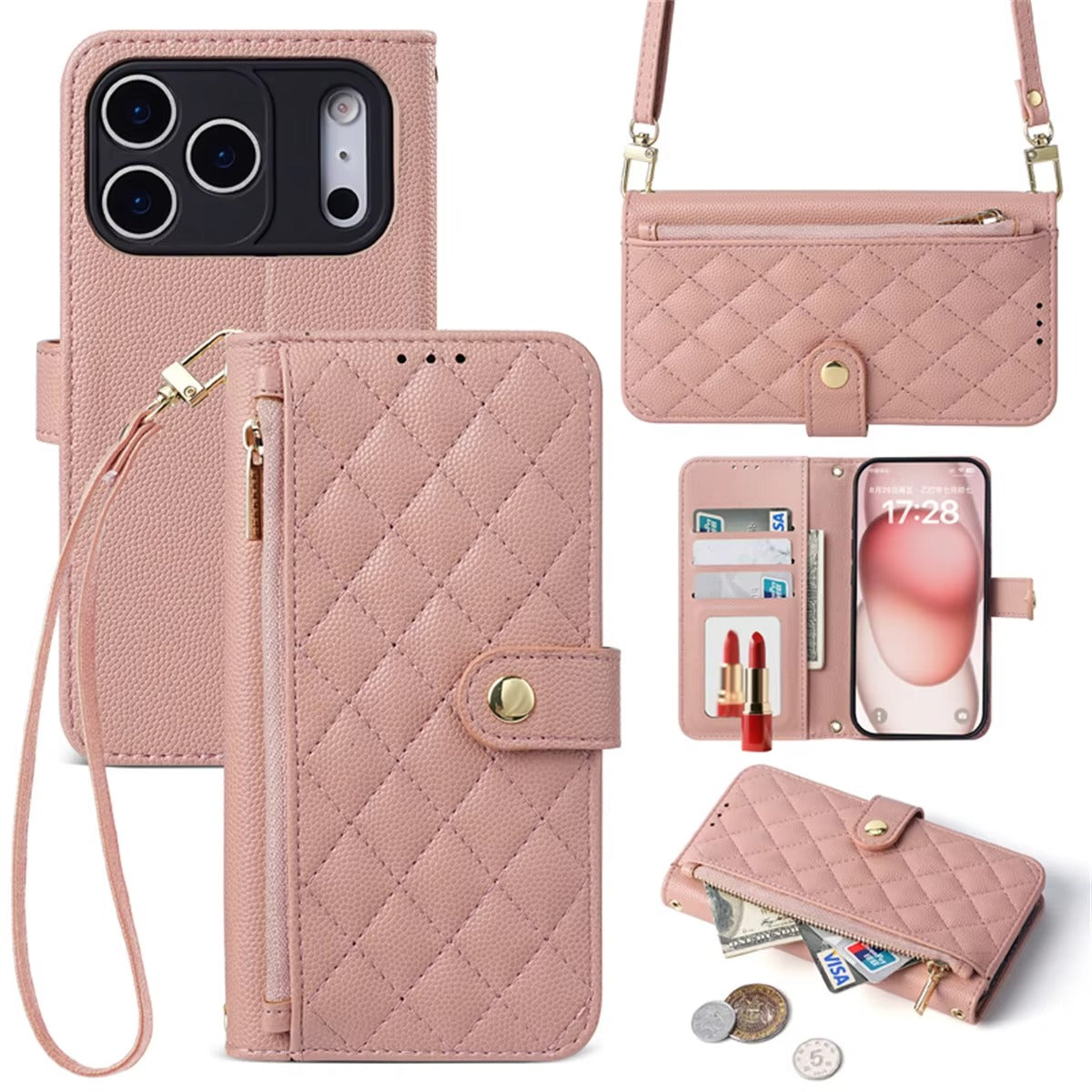 Luxury iPhone Case — Crossbody Leather Wallet Cover with Card Holder, Lanyard Strap, Anti-Scratch Non-Slip Design & Protective PU Build