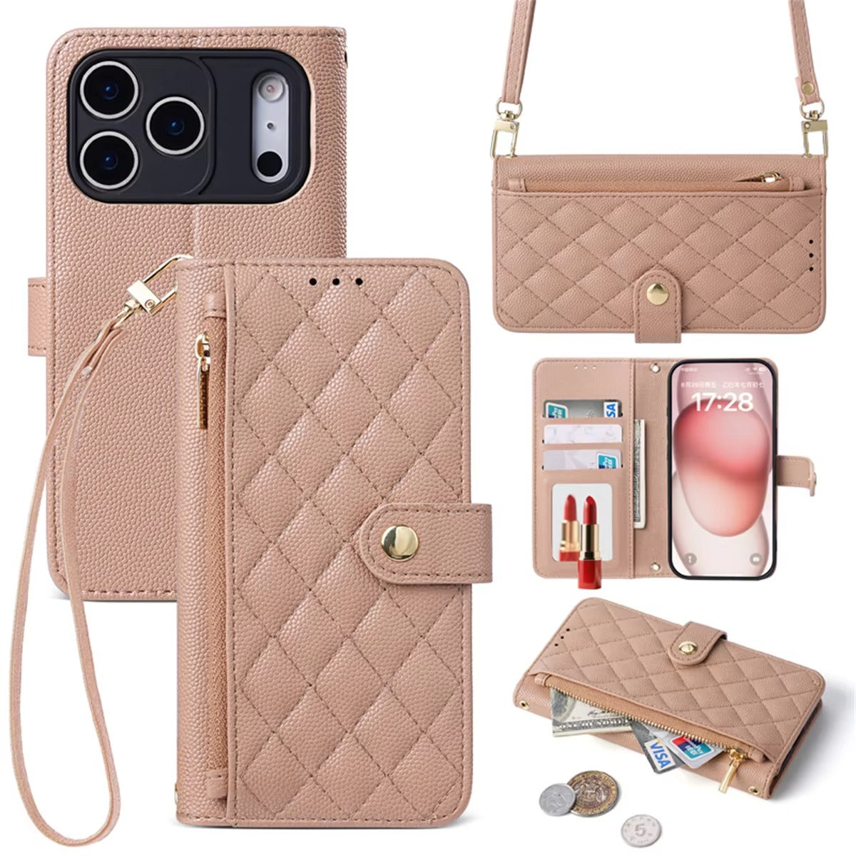 Luxury iPhone Case — Crossbody Leather Wallet Cover with Card Holder, Lanyard Strap, Anti-Scratch Non-Slip Design & Protective PU Build