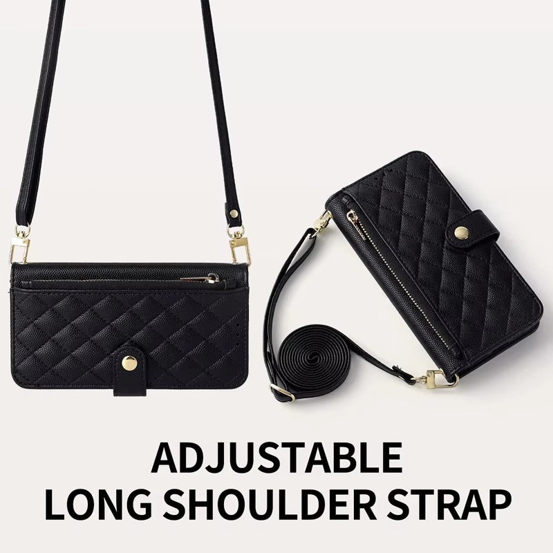 Luxury iPhone Case — Crossbody Leather Wallet Cover with Card Holder, Lanyard Strap, Anti-Scratch Non-Slip Design & Protective PU Build