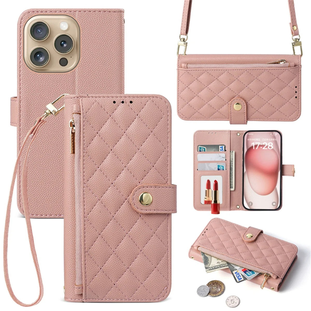 Luxury iPhone Case — Crossbody Leather Wallet Cover with Card Holder, Lanyard Strap, Anti-Scratch Non-Slip Design & Protective PU Build