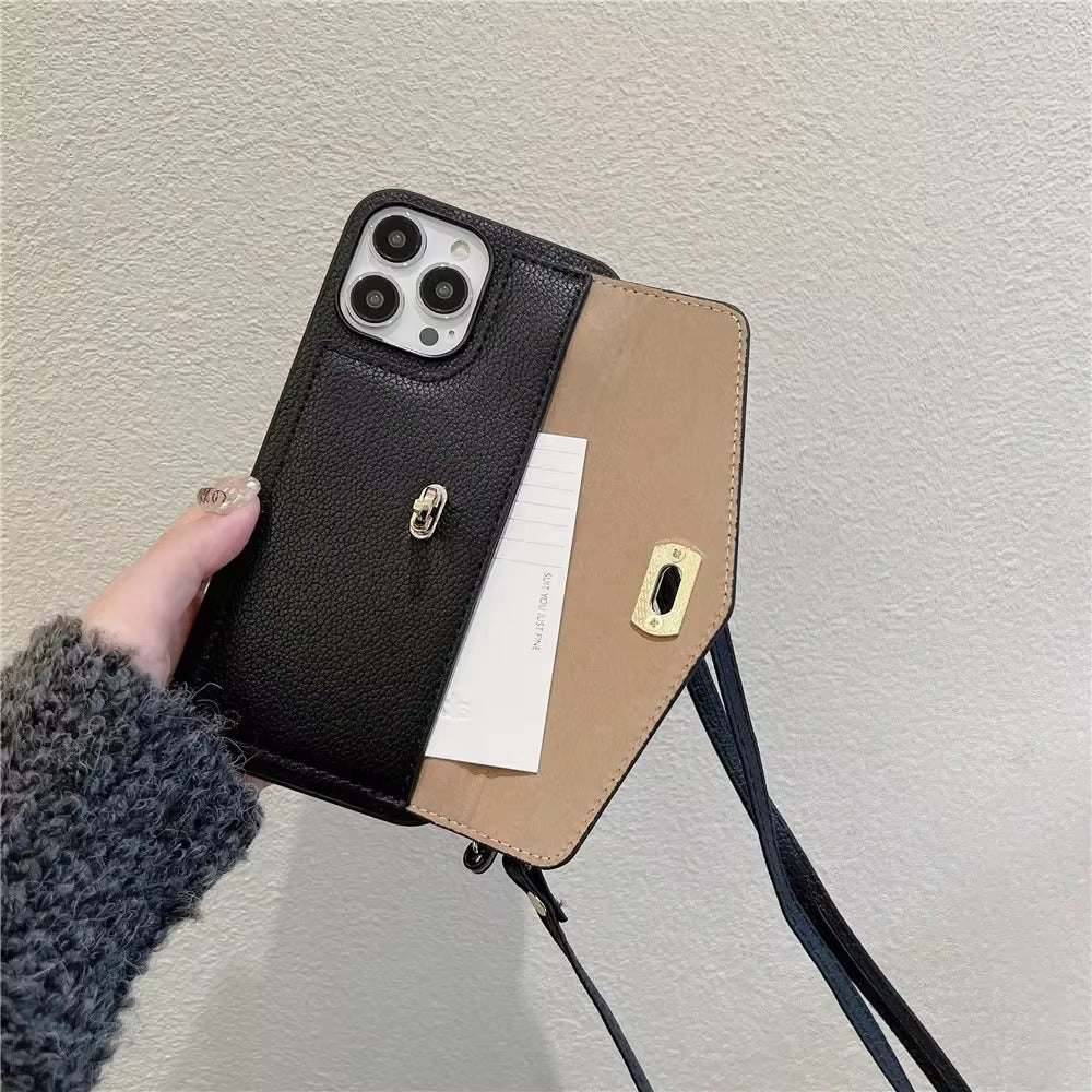 Luxury iPhone Case — Crossbody Leather Wallet Cover with Shoulder Strap, Card Pocket, Anti-Fingerprint Non-Slip Design and Lanyard
