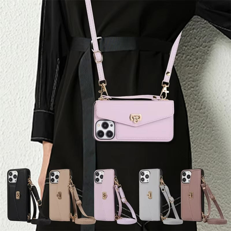 Luxury iPhone Case — Crossbody Leather Wallet Cover with Shoulder Strap, Card Pocket, Anti-Fingerprint Non-Slip Design and Lanyard