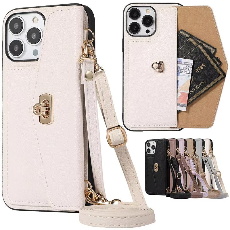 Luxury iPhone Case — Crossbody Leather Wallet Cover with Shoulder Strap, Card Pocket, Anti-Fingerprint Non-Slip Design and Lanyard