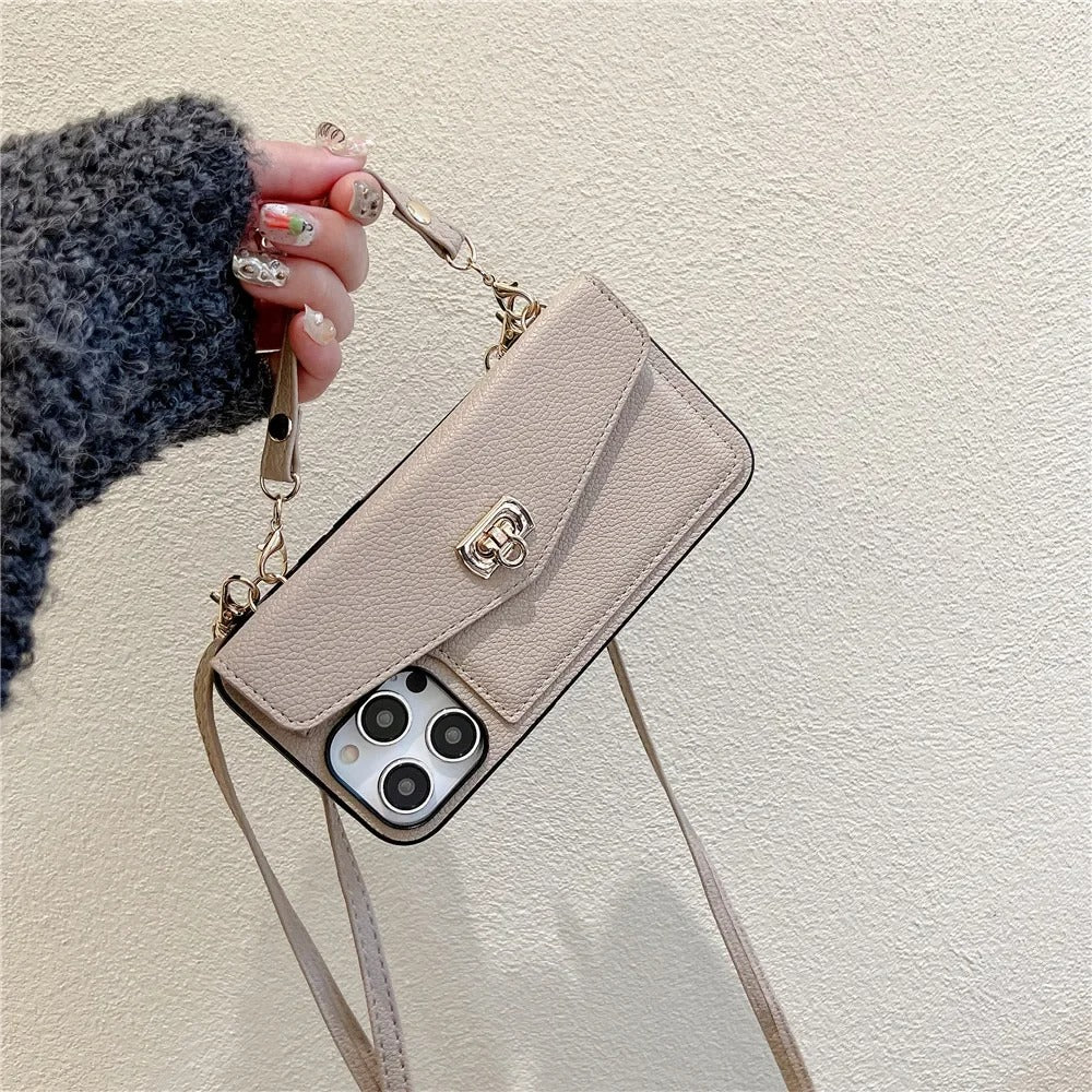 Luxury iPhone Case — Crossbody Leather Wallet Cover with Shoulder Strap, Card Pocket, Anti-Fingerprint Non-Slip Design and Lanyard