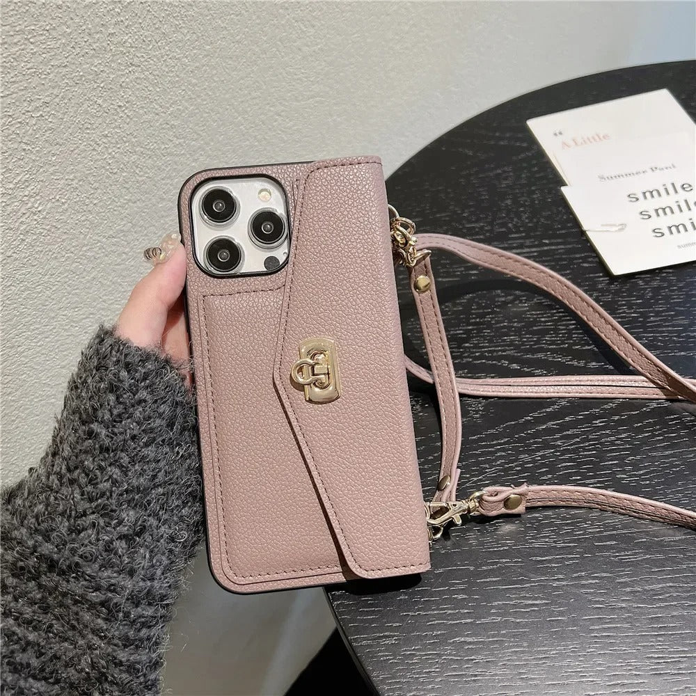Luxury iPhone Case — Crossbody Leather Wallet Cover with Shoulder Strap, Card Pocket, Anti-Fingerprint Non-Slip Design and Lanyard