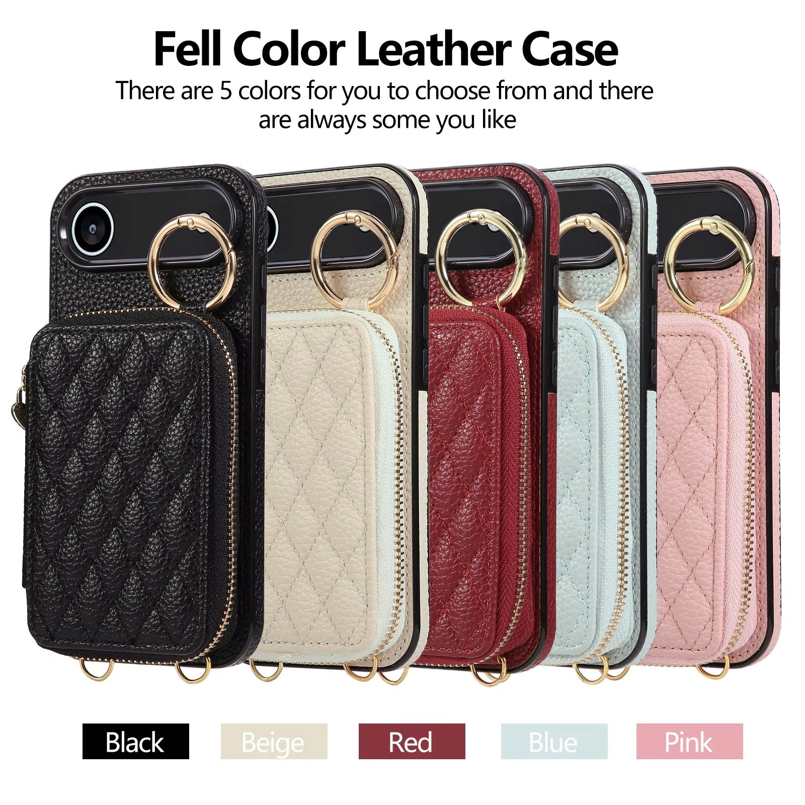 Luxury iPhone Case — Crossbody Leather Wallet Cover with Zipper Card Bag, Lanyard Strap and Grid-Pattern Ring Holder Design