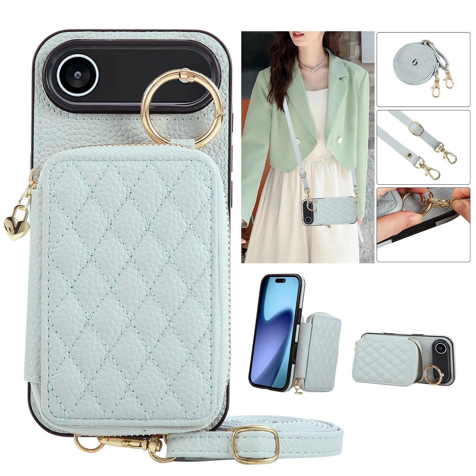 Luxury iPhone Case — Crossbody Leather Wallet Cover with Zipper Card Bag, Lanyard Strap and Grid-Pattern Ring Holder Design