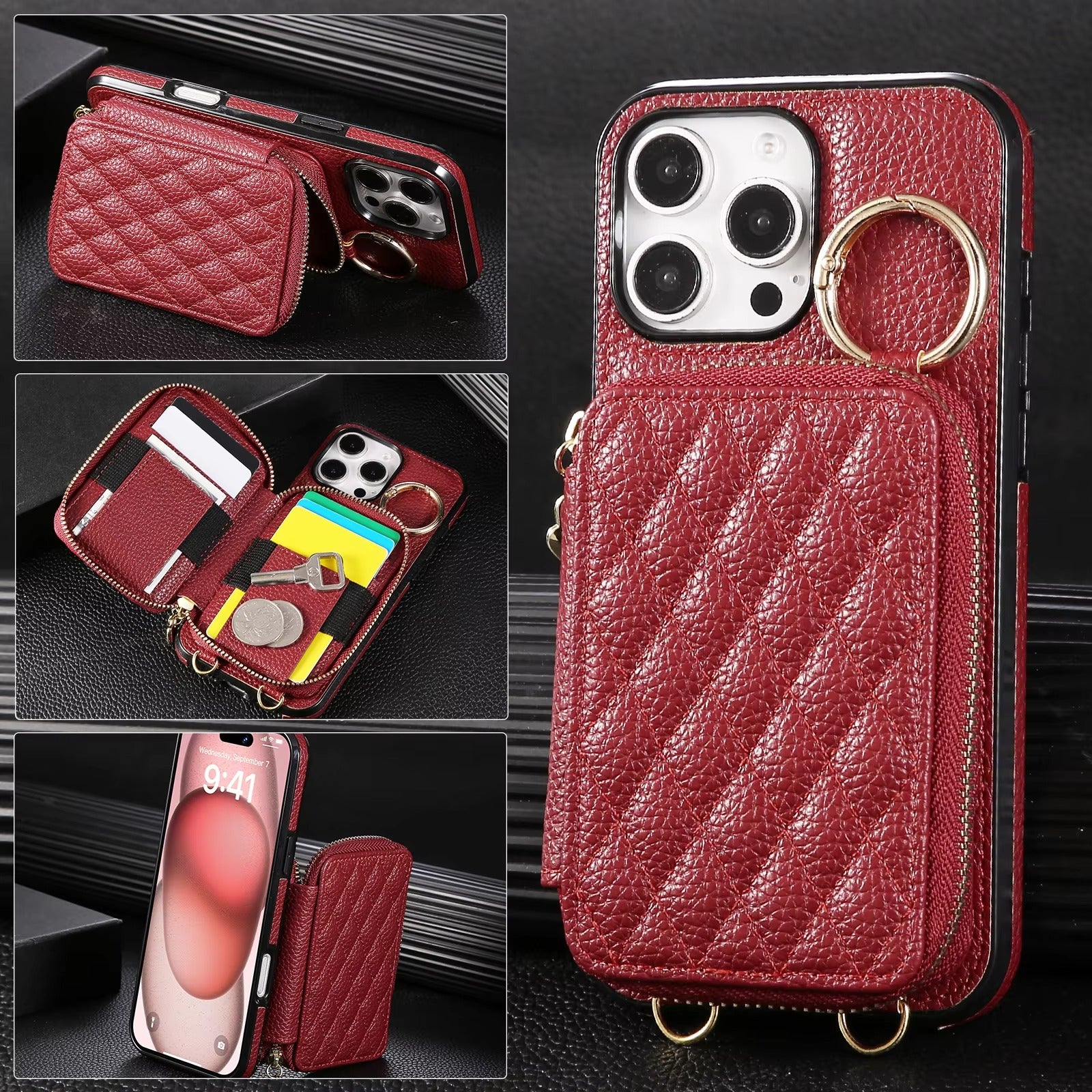 Luxury iPhone Case — Crossbody Leather Wallet Cover with Zipper Card Bag, Lanyard Strap and Grid-Pattern Ring Holder Design