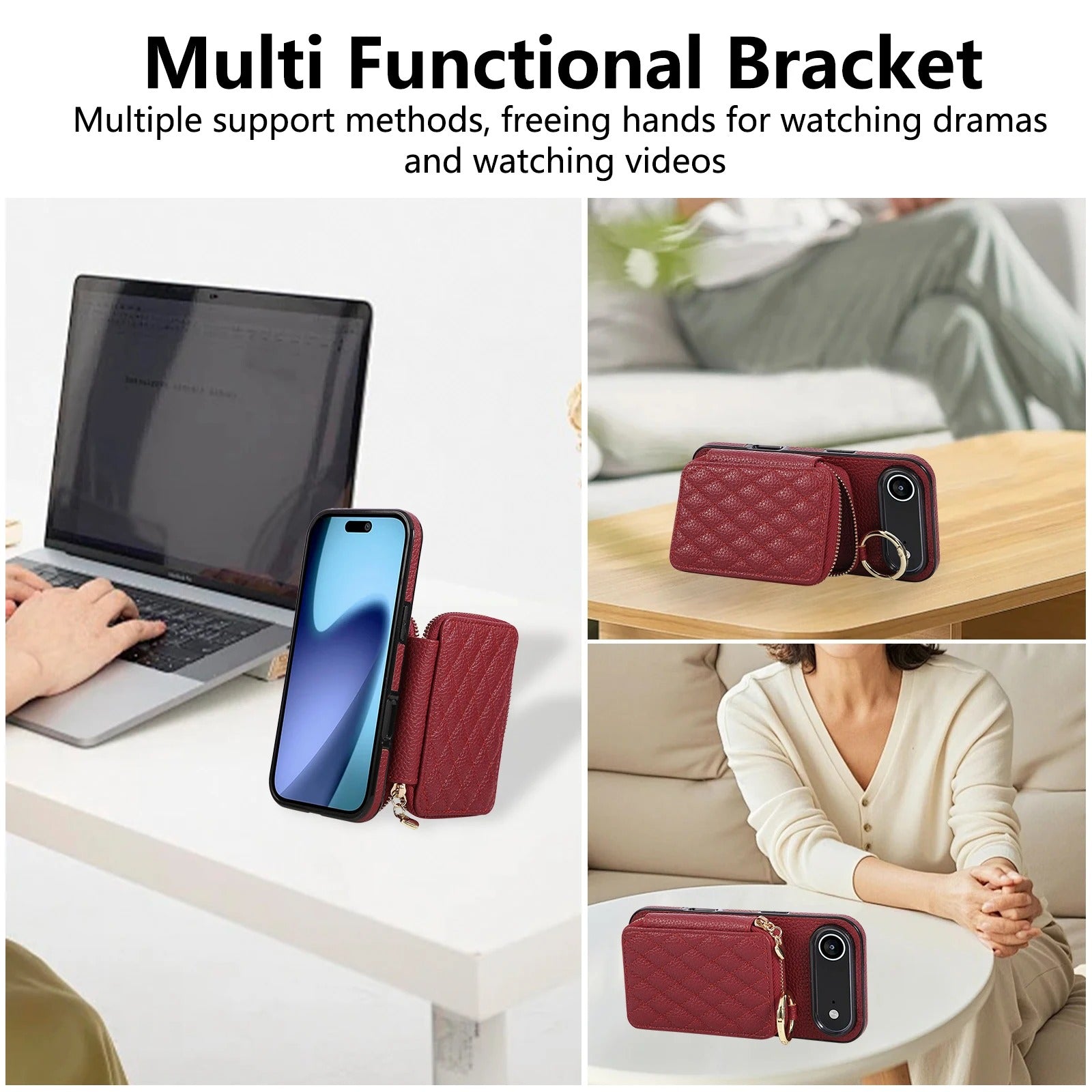 Luxury iPhone Case — Crossbody Leather Wallet Cover with Zipper Card Bag, Lanyard Strap and Grid-Pattern Ring Holder Design