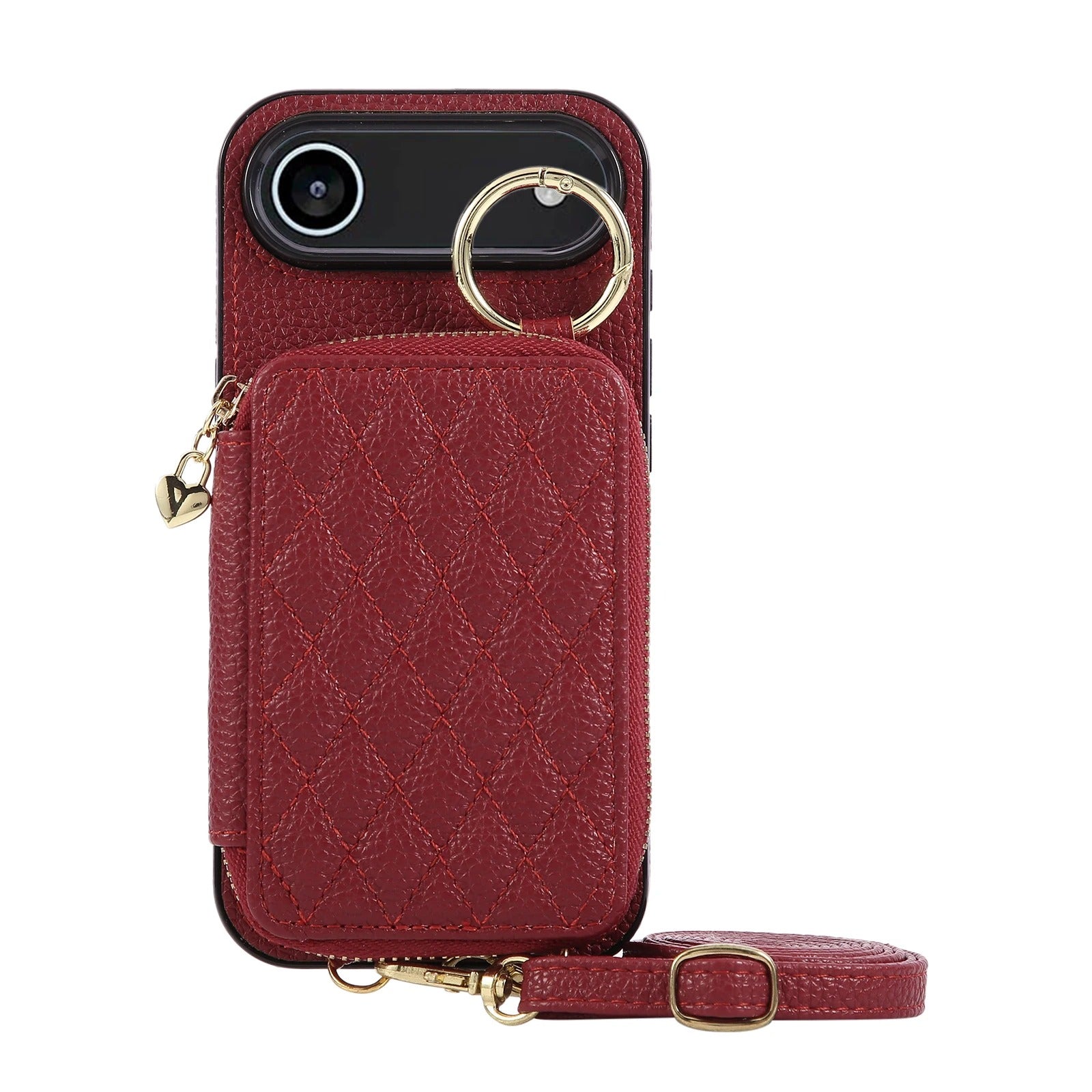 Luxury iPhone Case — Crossbody Leather Wallet Cover with Zipper Card Bag, Lanyard Strap and Grid-Pattern Ring Holder Design