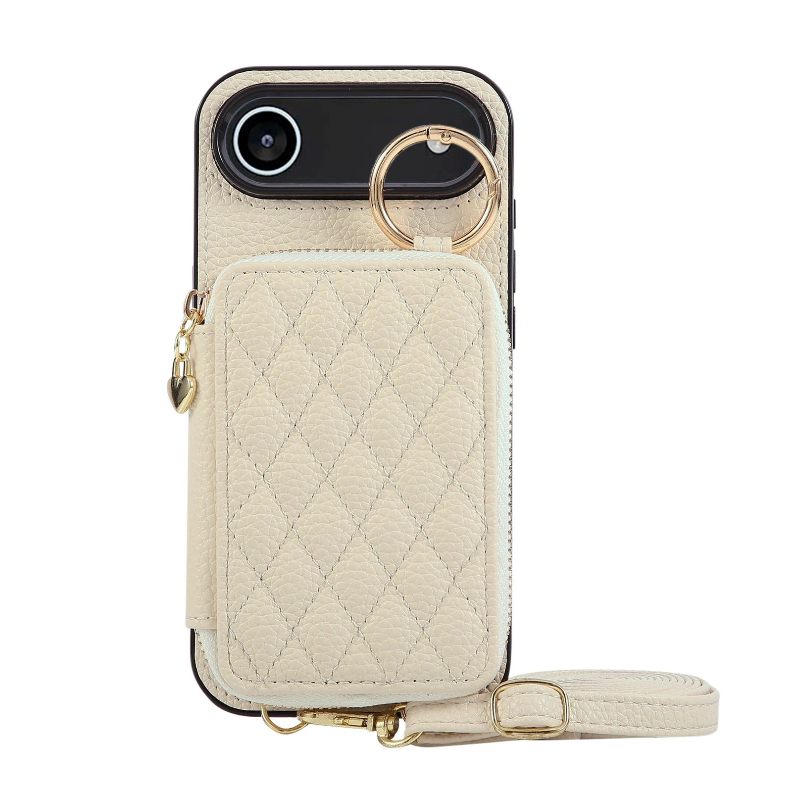 Luxury iPhone Case — Crossbody Leather Wallet Cover with Zipper Card Bag, Lanyard Strap and Grid-Pattern Ring Holder Design