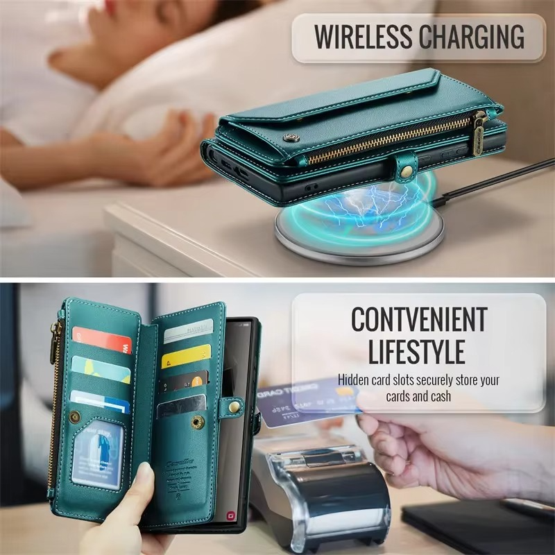 Luxury iPhone Case — RFID-Blocking PU Leather Wallet Cover with 7-Card Holder, Zipper Bill Compartment and Wristlet Shoulder Strap Design