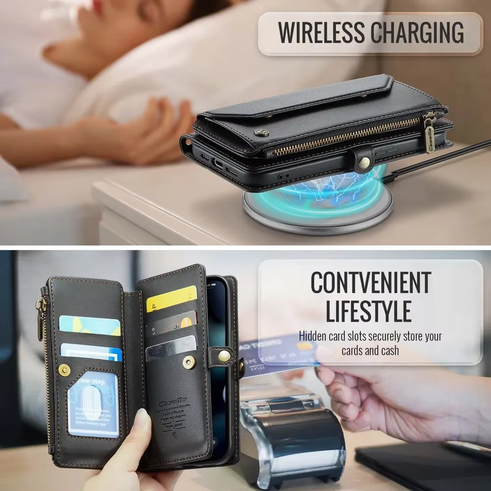 Luxury iPhone Case — RFID-Blocking PU Leather Wallet Cover with 7-Card Holder, Zipper Bill Compartment and Wristlet Shoulder Strap Design