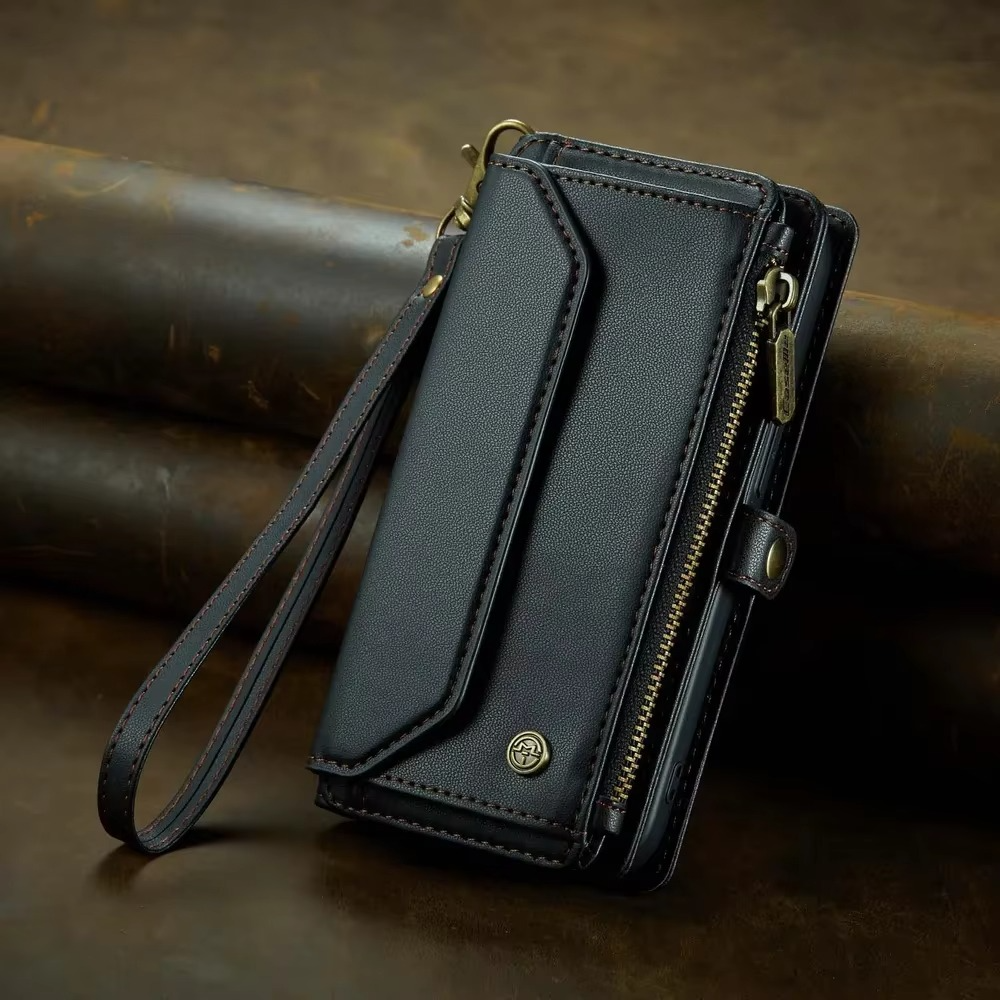 Luxury iPhone Case — RFID-Blocking PU Leather Wallet Cover with 7-Card Holder, Zipper Bill Compartment and Wristlet Shoulder Strap Design