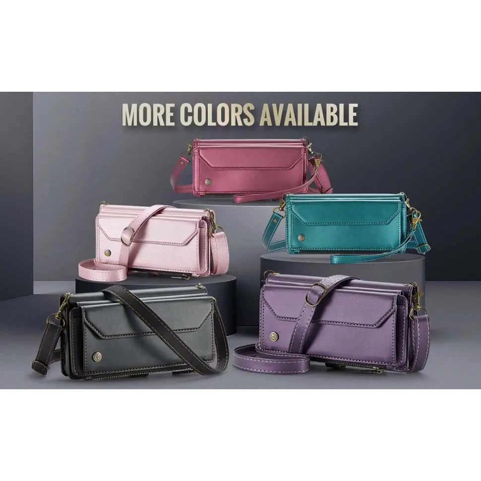 Luxury iPhone Case — Crossbody Leather Zip Wallet Cover with RFID Protection, 7-Card Storage, Zipper Pocket, Wristband and Shockproof TPU Design