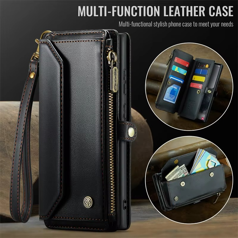 Luxury iPhone Case — RFID-Blocking PU Leather Wallet Cover with 7-Card Holder, Zipper Bill Compartment and Wristlet Shoulder Strap Design