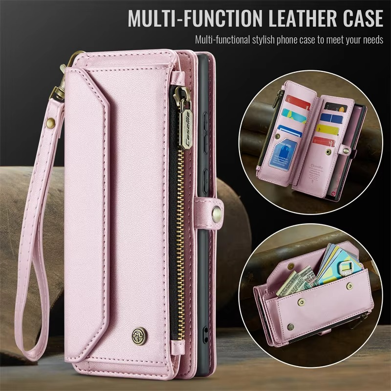 Luxury iPhone Case — RFID-Blocking PU Leather Wallet Cover with 7-Card Holder, Zipper Bill Compartment and Wristlet Shoulder Strap Design