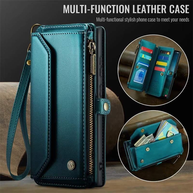 Luxury iPhone Case — RFID-Blocking PU Leather Wallet Cover with 7-Card Holder, Zipper Bill Compartment and Wristlet Shoulder Strap Design