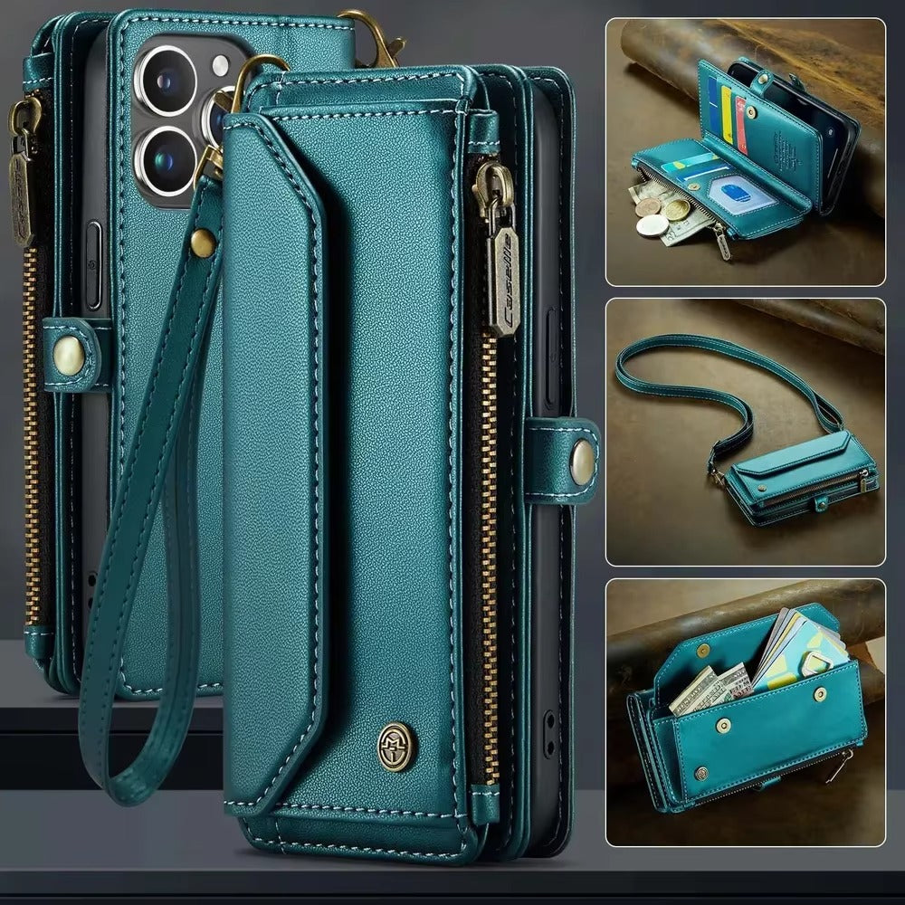 Luxury iPhone Case — RFID-Blocking PU Leather Wallet Cover with 7-Card Holder, Zipper Bill Compartment and Wristlet Shoulder Strap Design