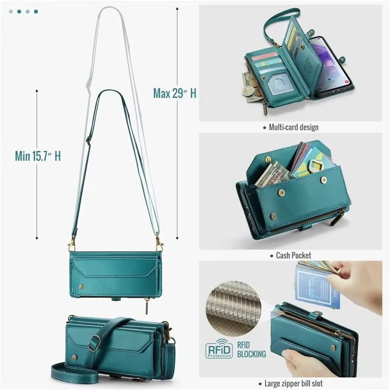 Luxury iPhone Case — RFID-Blocking PU Leather Wallet Cover with 7-Card Holder, Zipper Bill Compartment and Wristlet Shoulder Strap Design