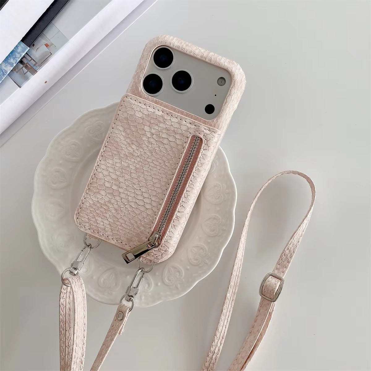 Luxury iPhone Case — Crossbody Makeup-Mirror Wallet Cover with Zipper Card Pocket, Shockproof Non-Slip PU Leather + PC/TPU Design