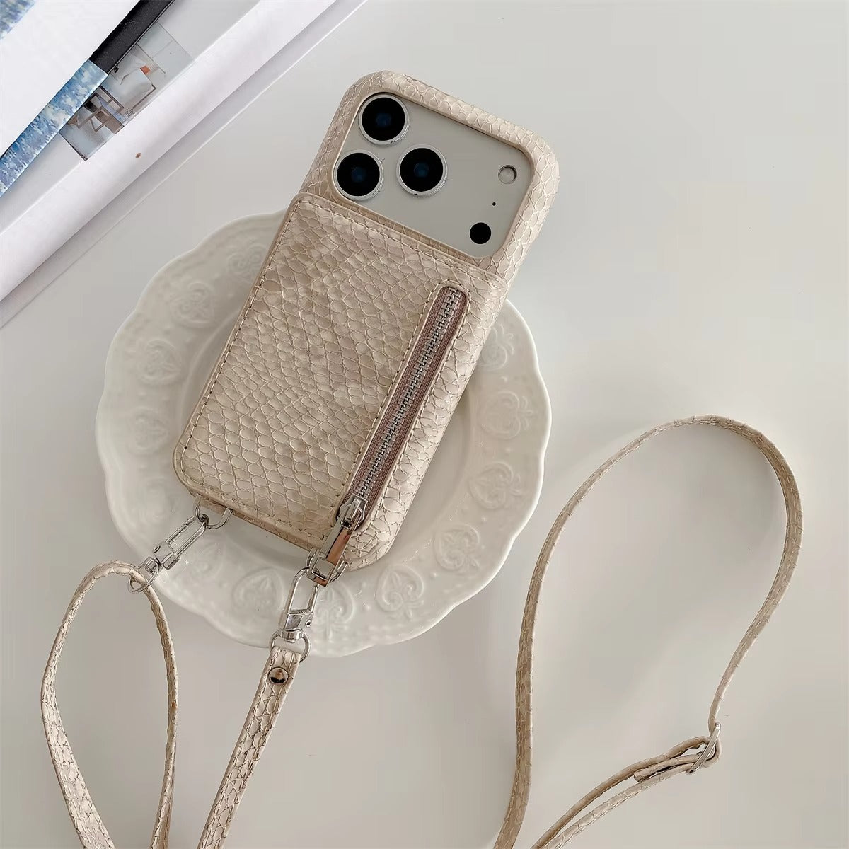 Luxury iPhone Case — Crossbody Makeup-Mirror Wallet Cover with Zipper Card Pocket, Shockproof Non-Slip PU Leather + PC/TPU Design
