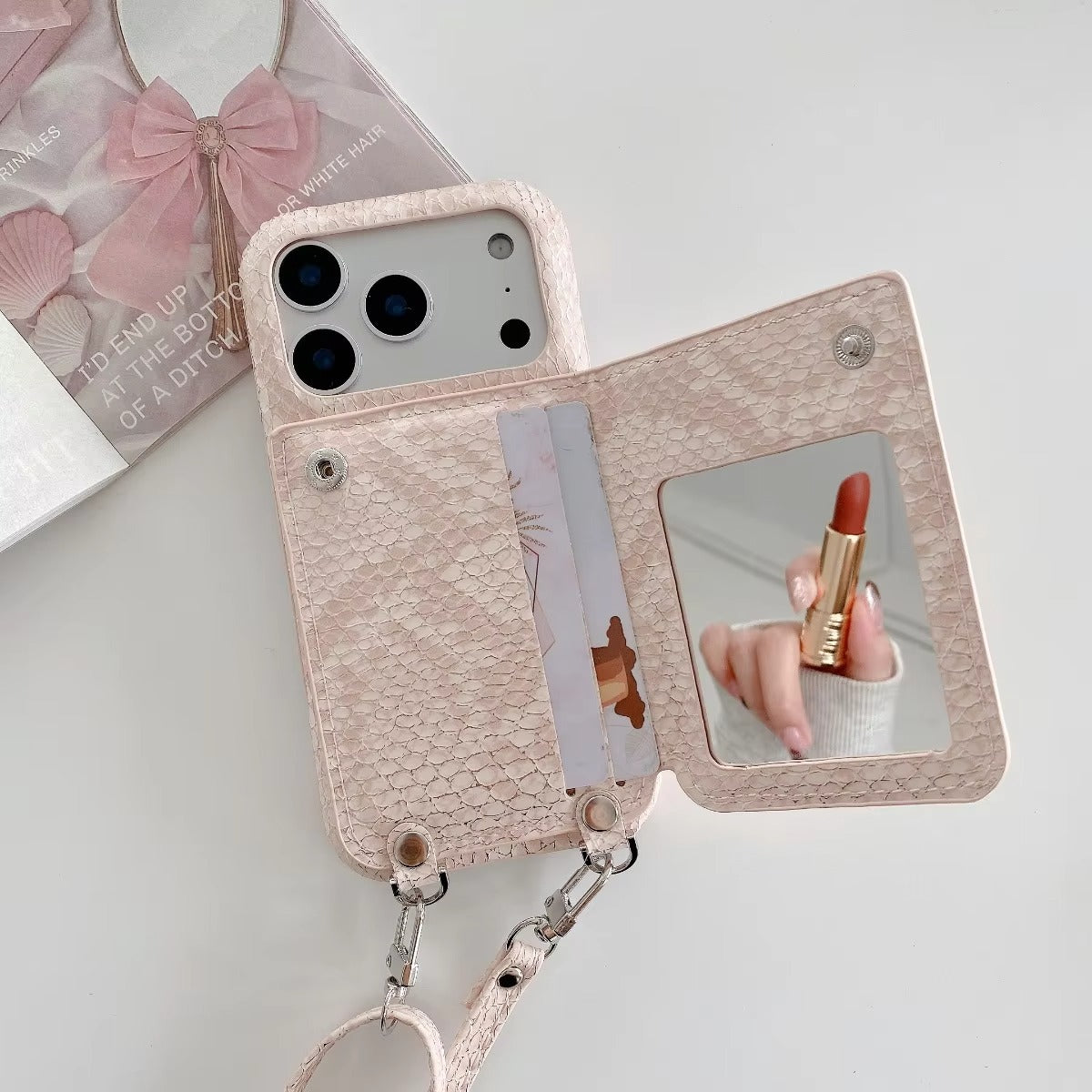 Luxury iPhone Case — Crossbody Makeup-Mirror Wallet Cover with Zipper Card Pocket, Shockproof Non-Slip PU Leather + PC/TPU Design