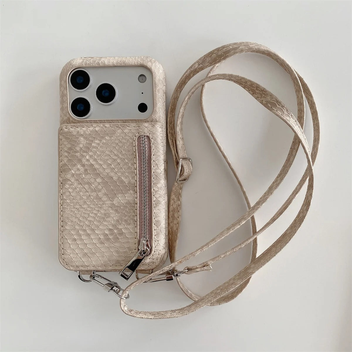 Luxury iPhone Case — Crossbody Makeup-Mirror Wallet Cover with Zipper Card Pocket, Shockproof Non-Slip PU Leather + PC/TPU Design