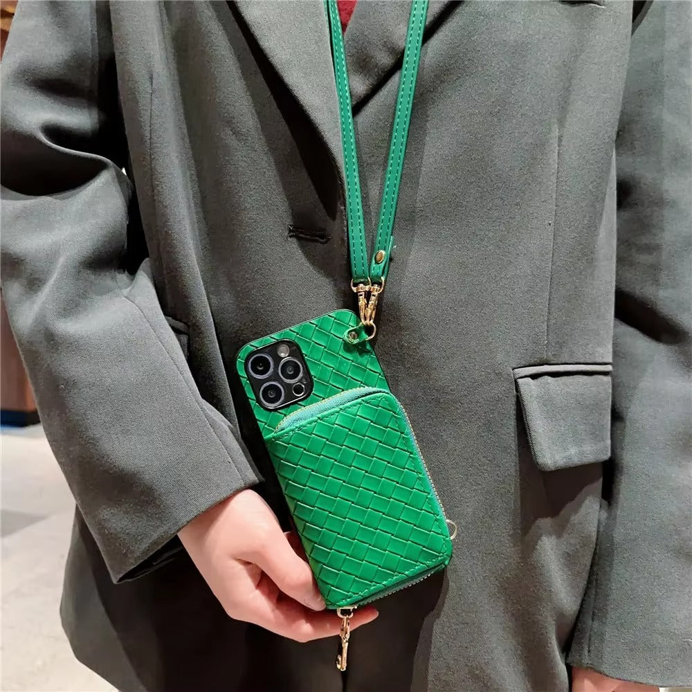 Luxury iPhone Case — Crossbody PU Leather Wallet Cover with Card Holder, Shockproof Non-Slip Design and Long Lanyard Strap