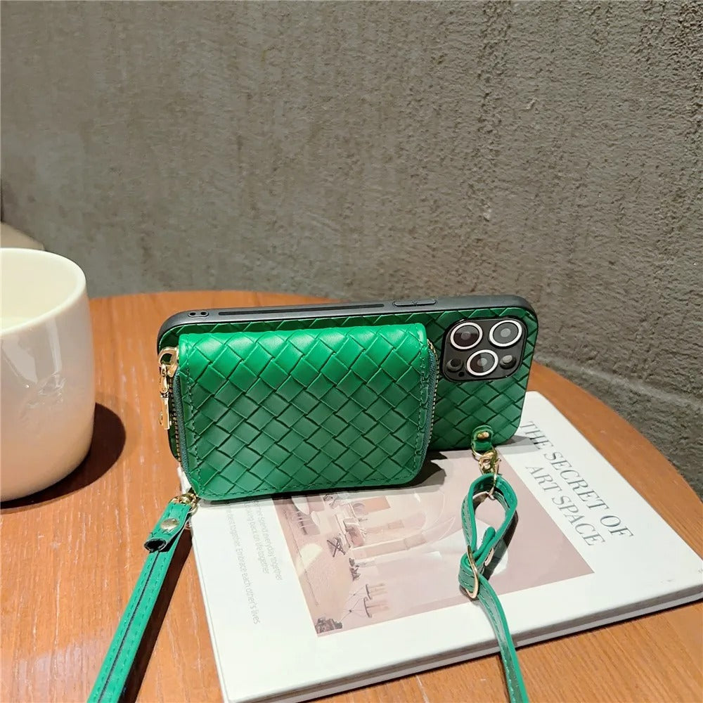 Luxury iPhone Case — Crossbody PU Leather Wallet Cover with Card Holder, Shockproof Non-Slip Design and Long Lanyard Strap