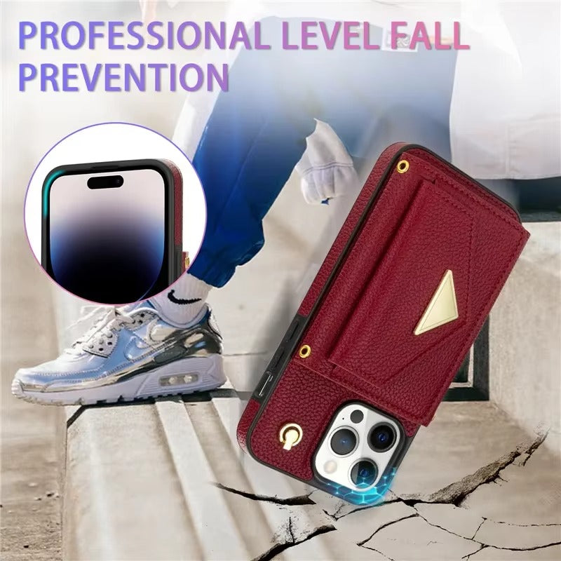 Luxury iPhone Case — Crossbody PU Leather Wallet Cover with Multi-Card Slots, Long Lanyard, Kickstand Feature and Anti-Fingerprint Non-Slip Design
