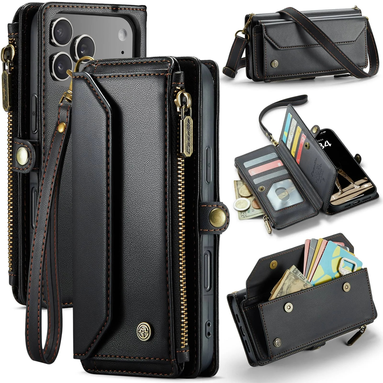 Luxury iPhone Case — Crossbody PU Leather Wallet Flip Cover with RFID Blocking, 7–10 Card Slots, Wristlet Strap & Shockproof Full-Body Protection