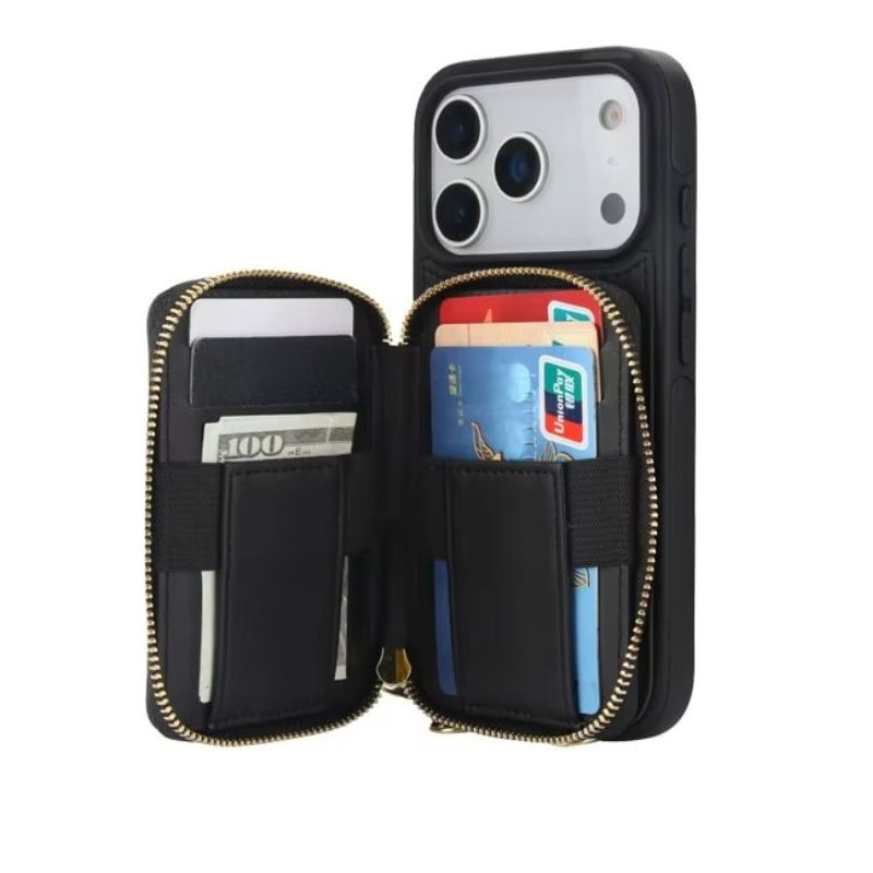 Luxury iPhone Case — Crossbody RFID-Blocking Folio Wallet with Zipper Handbag, Kickstand, Card Slots, Wrist Strap and Lanyard