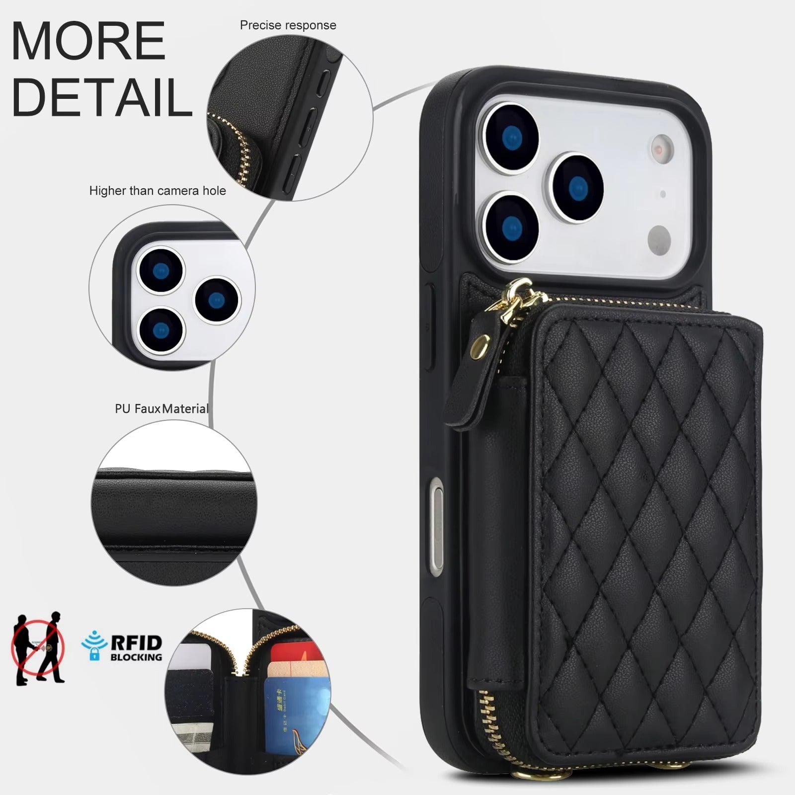 Luxury iPhone Case — Crossbody RFID-Blocking Folio Wallet with Zipper Handbag, Kickstand, Card Slots, Wrist Strap and Lanyard